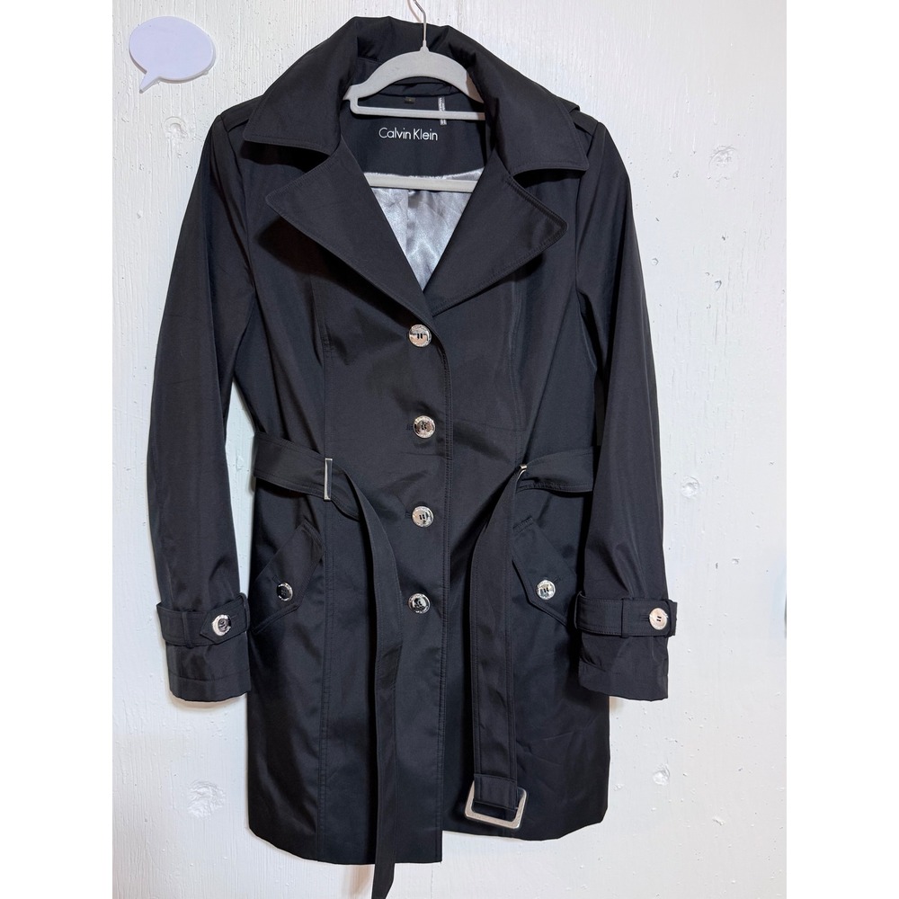 Calvin Klein Womens Black Hooded Trench Coat Belted Rain Jacket Size S